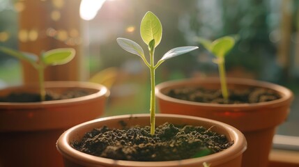 Young green plants sprouting in pots on a sunny windowsill with a serene garden view