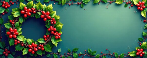 Vintage pixel art holly wreath with greenery and berries, Christmas decorations, festive