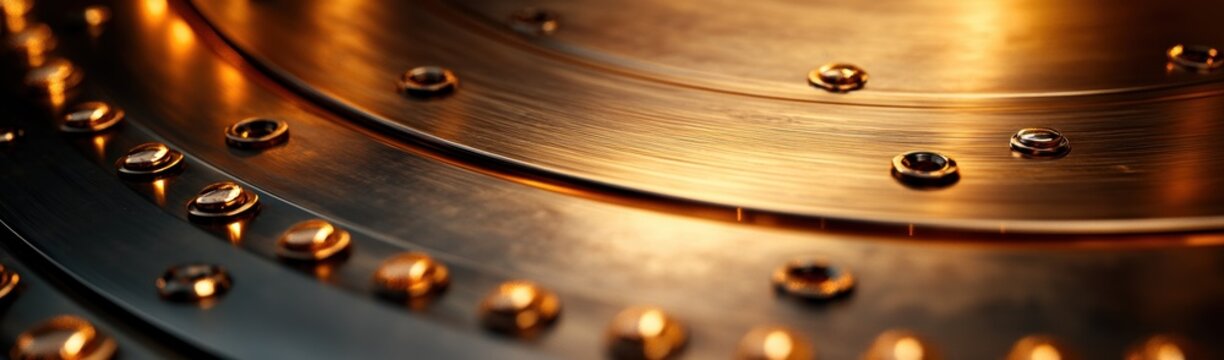brass metal plate nameboard with rivets and brushed texture reflecting golden light