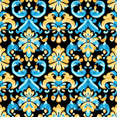Fototapeta premium Ornate floral pattern with blue and yellow elements
