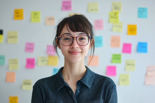 Smiling Young Woman in Glasses Standing in Front of Colorful Post-It Notes in Bright Office Setting