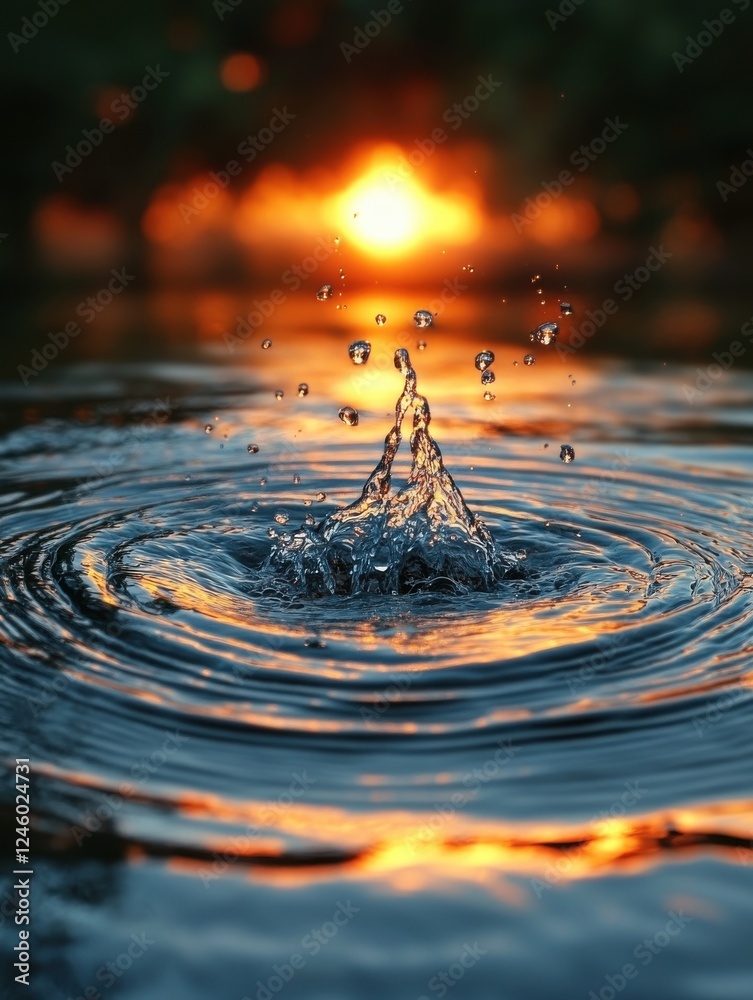 Wall mural water drop splashing into calm water surface creating ripples during sunset with digital effects