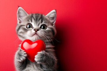 Cute european shorthair kitty with critter toy red heart - emblem of love, funny greeting card. Marketing conceptual art. European shorthair - my treasured cat. Kitten gift idea. Red heart cat.