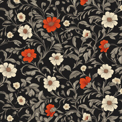 Floral pattern with red and white flowers on black background