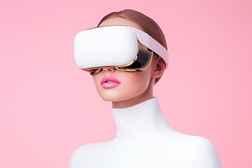 A woman is engaged with a sleek virtual reality headset positioned on her head, presenting a vivid example of wearable technology
