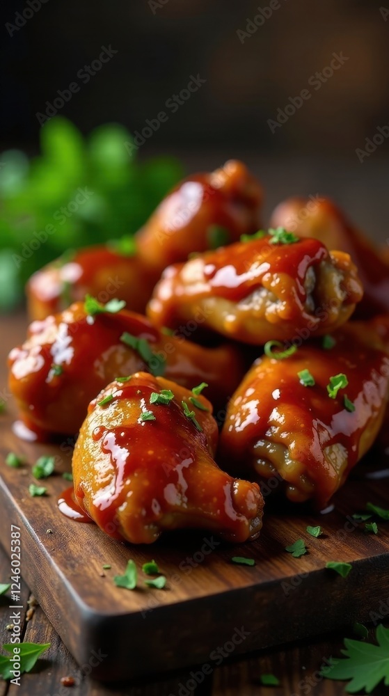 Sticker Close-up of savory glazed chicken wings arranged on a rustic wooden board, garnished with fresh herbs