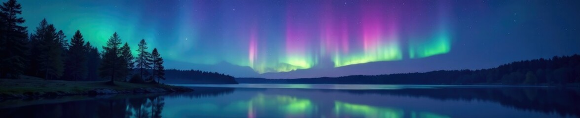 Naklejka premium Nighttime scene with glowing aurora and trees, lake, glowing aurora, sky