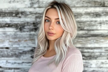 Blonde Woman With Long Wavy Hair Wearing Pink Sweater Against Rustic Wooden Wall Outdoors