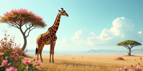 Obraz premium A graceful giraffe stands serenely amidst a picturesque savanna landscape, adorned with vibrant pink flowering trees and golden grasslands under a serene sky.