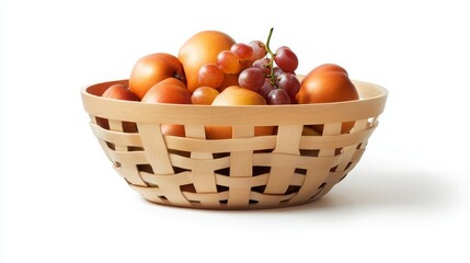 Woven Basket Filled with Fresh Apples and Grapes on a Clean White Background, Perfect for Healthy Lifestyle Promotions and Food-Related Content.