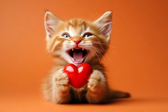 Pixiebob - my treasured cat. Commercial creative. Cute pixiebob baby cat with companion toy red heart - symbol of love, funny greeting card. Furry valentine's theme. Romantic love kitten idea.