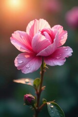 Fototapeta premium A Delicate Pink Blossom Glistens with Dew at Sunrise, a Single Bud Anticipating its Bloom