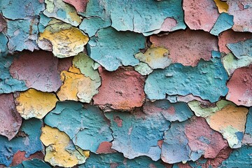Obraz premium Multicolored Peeling Paint Texture Closeup on Cracked Wall Surface for Abstract Backgrounds or Design