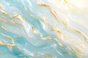 Fototapeta premium Abstract Blue and Gold Swirling Marble Texture with Glitter Accents on Bright Background