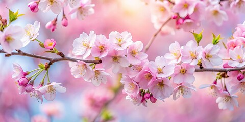 Fototapeta premium Soft pink cherry blossoms bloom, a dreamy spring scene perfect for wallpaper. Ample copy space.