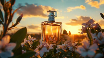 A serene sunset scene featuring a perfume bottle surrounded by blooming flowers in a tranquil garden