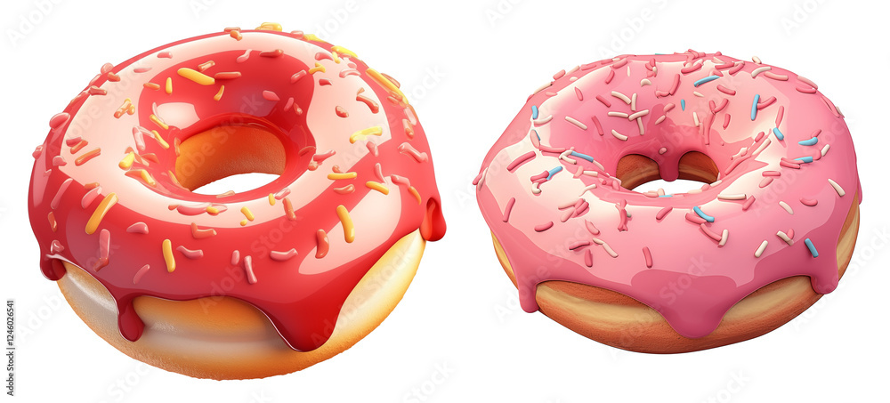 Poster two colorful donuts with sprinkles on transparency background