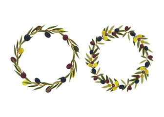 Different degrees of olive maturity. Round foliated frame with olives. Plant wreaths. Space for Text, photo. Card template for Wedding, Invitation, Greeting. Tree branches.	