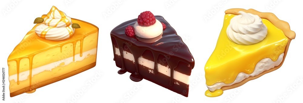 Poster three delicious cheesecake slices with toppings on transparency background