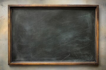 Blank Dusty Black Chalkboard with Wooden Frame on Vintage Wall Background