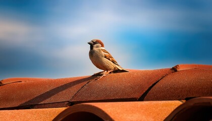 Enigmatic Sparrow Perched on a Red Tiled Rooftop in a Blustery Urban Scene, Against the Backdrop of Twilight and Gothic Architecture.