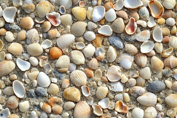 Seashell Collection on a Sandy Beach Natural Organic Ocean Texture Background