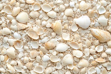 Obraz premium Beige and White Seashells on Sandy Surface Natural Texture Coastal Beach Background
