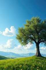 Fototapeta premium Olive tree against blue sky with few white clouds, landscape, clouds