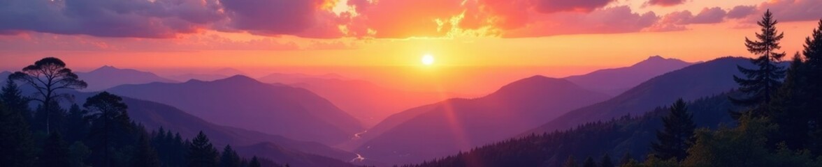 Obraz premium Ombre sunset on a mountain range with wispy clouds and trees, foliage, natural, mountains