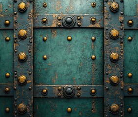 Fototapeta premium green military steel armor background with metallic rivets and textured surface