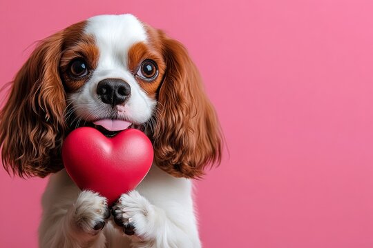 Cute cavalier king charles spaniel hound with companion toy red heart - sign of love, funny greeting card. Cavalier king charles spaniel - my cherished dog. Promotion creative. Animal love.