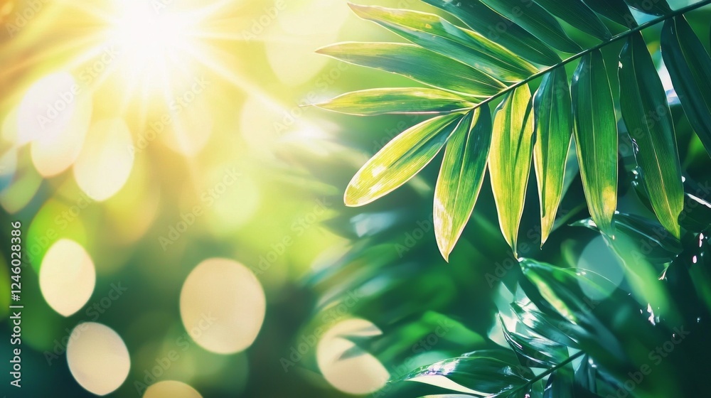 Poster sunlight filters through the vibrant foliage, casting a warm glow on lush green leaves. this tropica