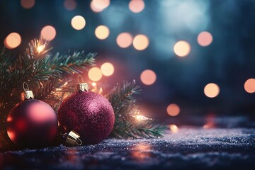 Festive Red Christmas Ornaments on Snowy Surface with Pine Branch and Warm Bokeh Lights Background