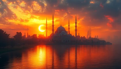 Naklejka premium Silhouetted Mosque at Vibrant Sunset with Shimmering Reflections and Dramatic Clouds
