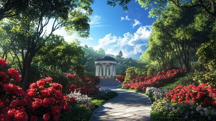 Obraz premium Romantic stroll pathway serene garden image floral environment inviting gazebo concept