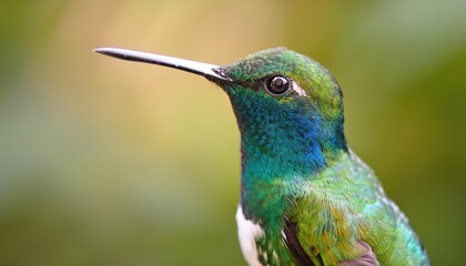 Naklejka premium Majestic WhiteThroated Mountaingem Perched on a Misty Mountain Peak, Capturing the Beauty of Natures Palette with Soft Hues and Dynamic Textures in a Serene Sunrise Scene.