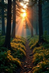 Fototapeta premium Warm light spills over the forest floor at dusk, terrain, scenery