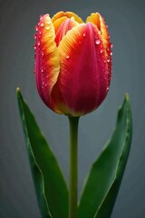 Water droplets clinging to a velvety tulip petal on a dark green leafy stem, flowers, floral, drops