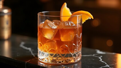 A refined cocktail with smoky depth and elegant presentation, exuding sophistication and artistry. AI-generated.	