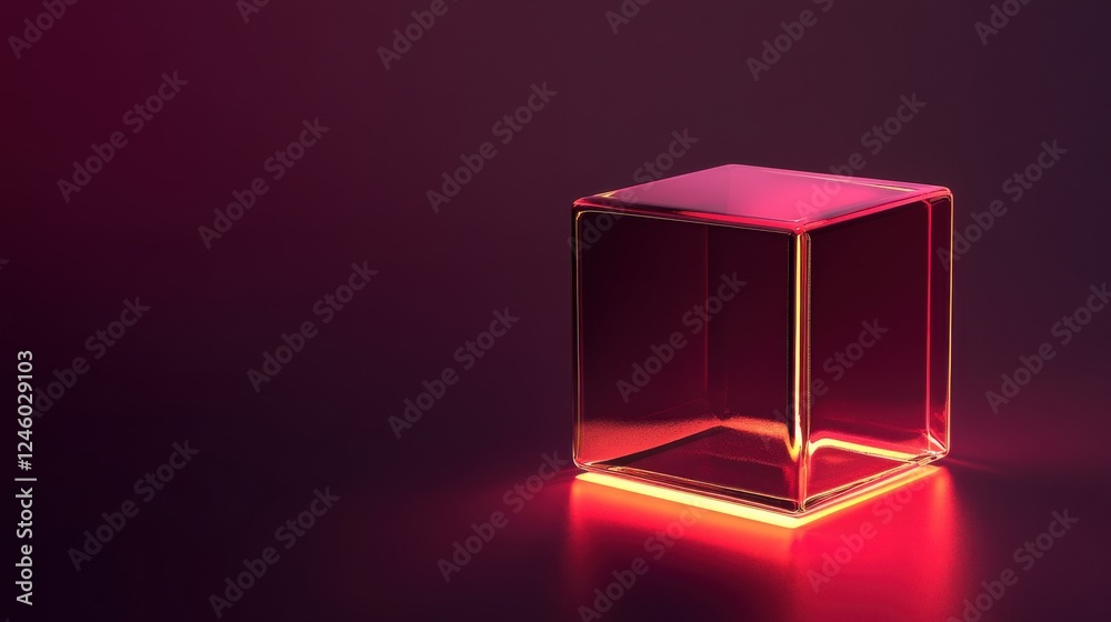 Poster illuminated transparent cube with red gradient light on dark background