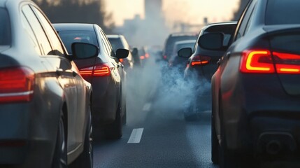 A busy urban highway filled with cars stuck in traffic, emitting visible exhaust fumes under a blazing, bright sun, highlighting the impact of carbon emissions