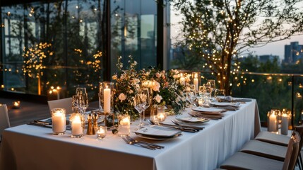 Fototapeta premium Creating an intimate dining experience with elegant tableware romantic candles and soft lighting in a cozy setting