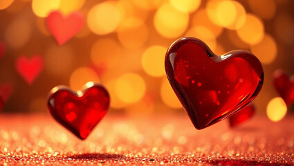 Fototapeta premium Valentine's day party celebration background. romantic floating red glass hearts, glitter effect bokeh lights and golden glow. Valentines Day, love concept wallpaper.