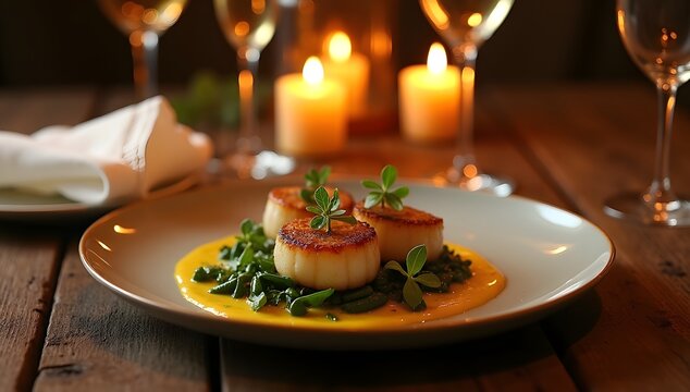 A sophisticated dining experience with warm lighting, refined details, and an intimate ambiance. AI-generated.	