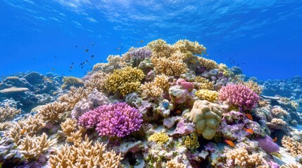 Obraz premium Vibrant coral reef teeming with fish, underwater scene, ocean background, nature documentary