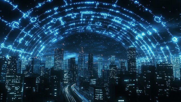 Night city digital archway data flow futuristic illustration