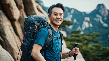 Stylish 50-Year-Old Korean Man on an Adventurous Mountain Hike