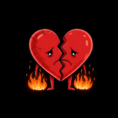 Broken animated heart split in two pieces with flames