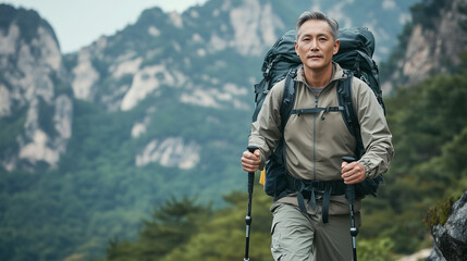 Stylish 50-Year-Old Korean Man on an Adventurous Mountain Hike