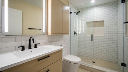 Modern Minimalist Bathroom Interior with White Sink, Black Faucet, Illuminated Rectangular Mirror, Tall Beige Storage Cabinet, and Glass-Enclosed Shower Area Featuring Black Showerhead 